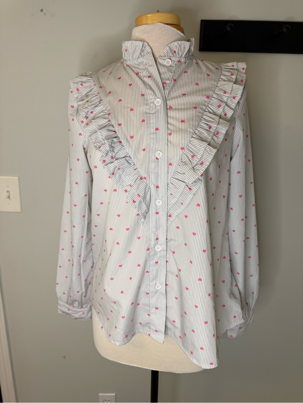Mazik White Pinstripe Ruffle Button-Down Shirt with Pink Heart Print